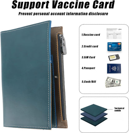 Genuine Leather Travel Passport Wallet, Slim RFID Blocking Holder for Secure Travel and Document Organization (Blue)