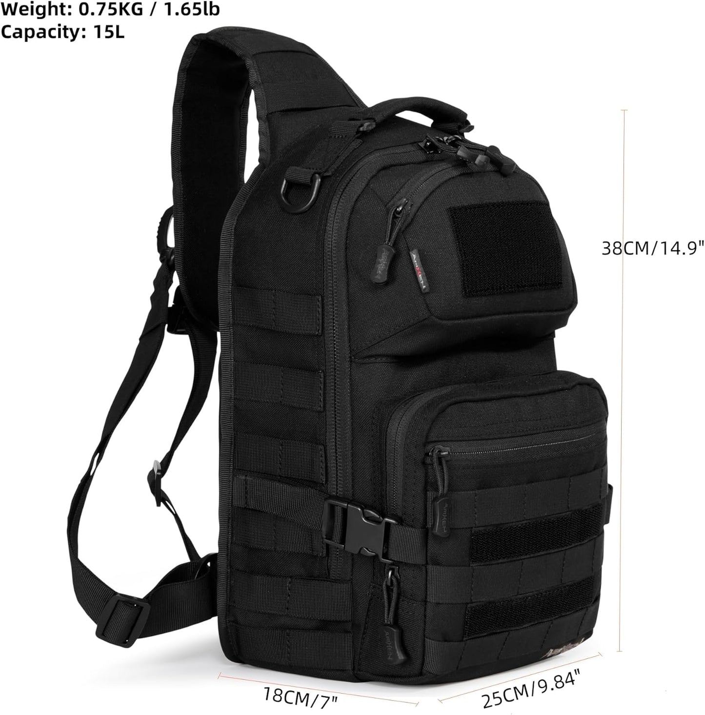 15L Tactical Crossbody Sling Bag | Everyday One Shoulder Backpack Fit 12 Inch Laptop, Molle, Daily Use, Travel, Hiking (Black)