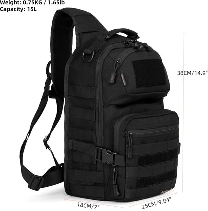 15L Tactical Crossbody Sling Bag | Everyday One Shoulder Backpack Fit 12 Inch Laptop, Molle, Daily Use, Travel, Hiking (Black)