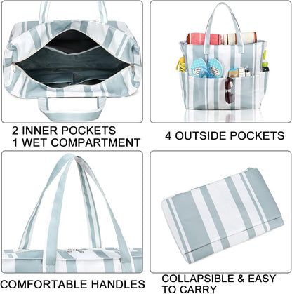 LEDAOU Beach Bag Waterproof Sandproof Women Tote Bag Pool Bag with Zipper for Gym Grocery Travel with Wet Pocket