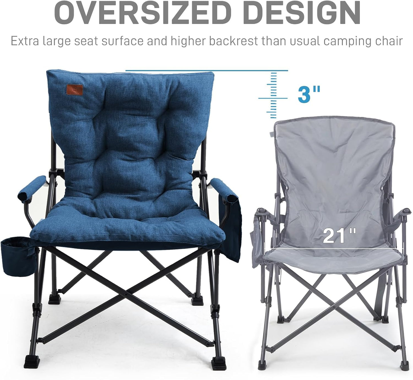 EVER ADVANCED Padded Oversized Folding Camping Chair for Adults, Heavy Duty Lawn Chair with Side Pockets, Portable Collapsible Quad Chair for Outside, Support Up to 500lbs, Blue