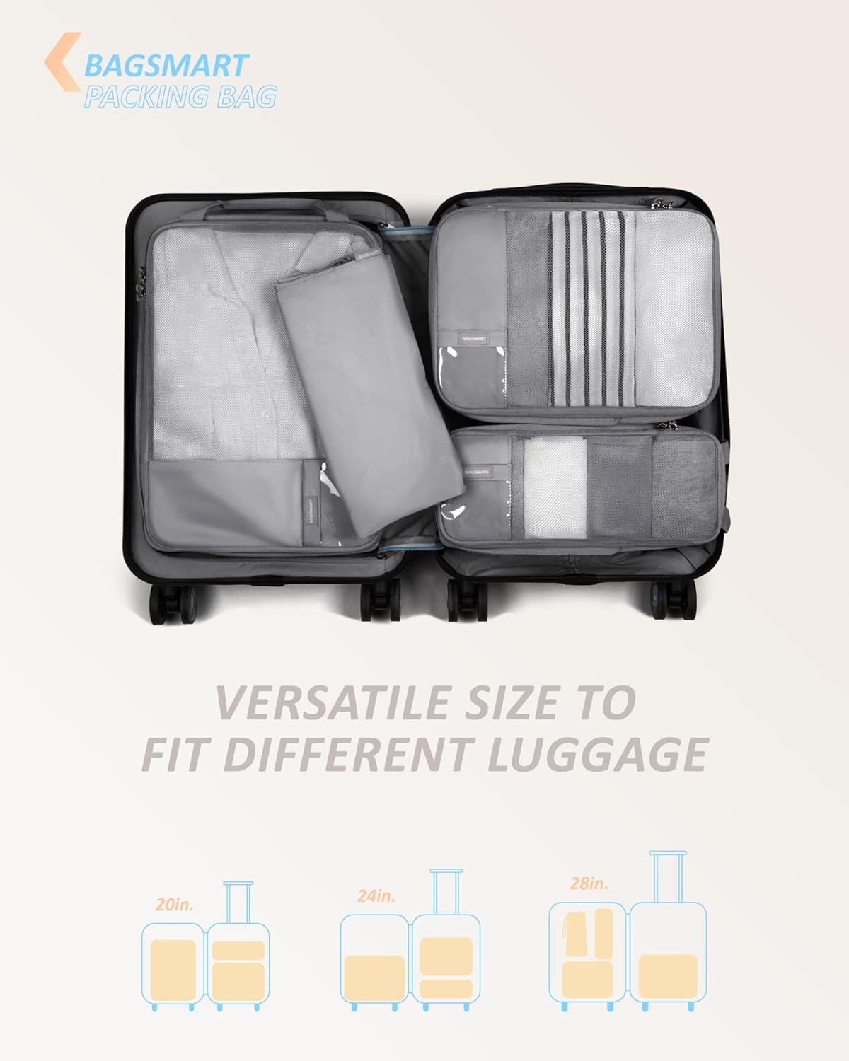 BAGSMART 6 Set Compression Packing Cubes - Lightweight Travel Essentials, Durable Luggage Organizer