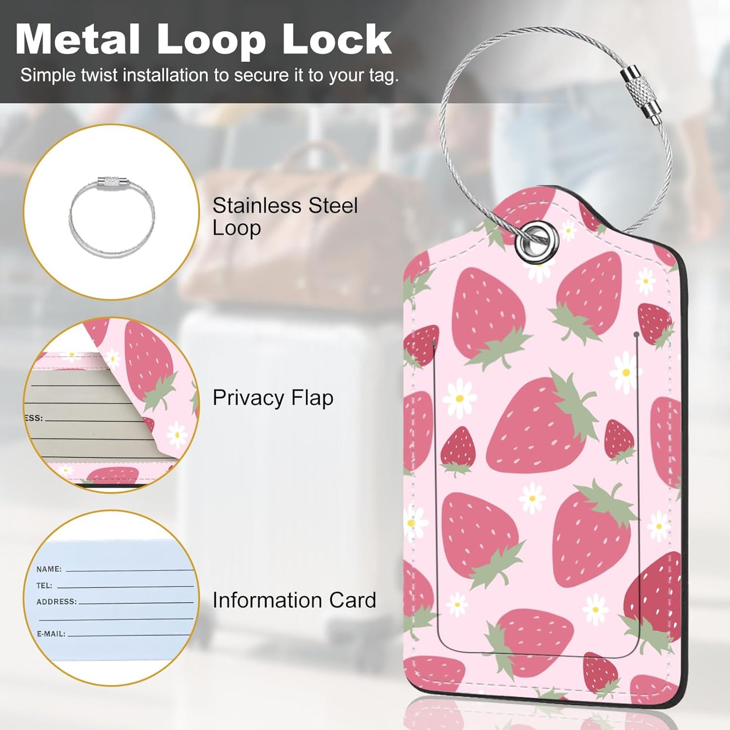 2Pack Luggage Tags for Suitcases, Cute Unique Pu Leather Cruise Luggage Tag with Privacy Cover ID Label Address Card and Metal Ring Suitable for Women Men Kids Travel Bag Pink Strawberry