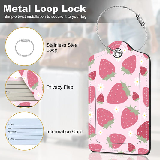 2Pack Luggage Tags for Suitcases, Cute Unique Pu Leather Cruise Luggage Tag with Privacy Cover ID Label Address Card and Metal Ring Suitable for Women Men Kids Travel Bag Pink Strawberry