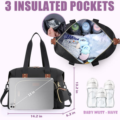 Tuwubi Diaper Bag Tote,Baby Diaper Bag with Pacifier Case Large Travel Diaper Tote Caddy for Mom and Dad Multifunction Large Baby Bag - M-Black