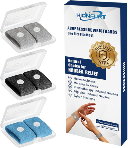 Motion Sickness Bands Anti Nausea Wristband for Adult and Kids Morning Sickness Relief for Pregnant Women Acupressure Nausea Relief for Car, Sea, Air Sickness - 3 Pairs Grey, Black, Blue