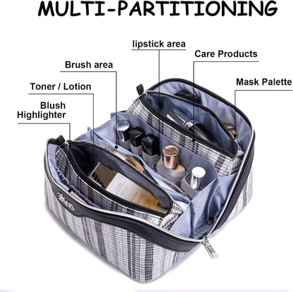 Travel Makeup Bag for Women: Large Capacity Open Flat Make up Bag Set of 3 - Vegan Leather Cosmetic Bag with Compartments - Waterproof Toiletry Bag with Handle & Divider(Black)