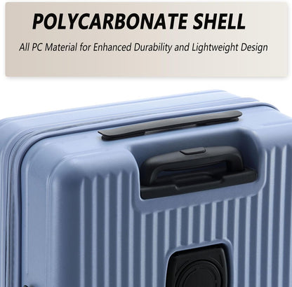 24 Inch Top Opening Checked Travel Luggage Expandable with Spinner Wheels,All PC Hard Shell Hardside Lightweight Medium Suitcase with TSA Approved Cup Holder for Business Trips Woman Men,Blue