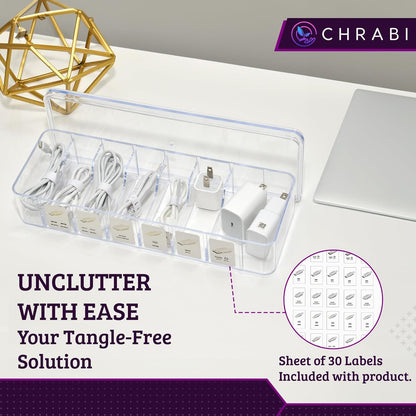 Set of 3 Cable Organizer Box W/Labels - Charger Box, Stackable W/Lids-Cord Organizer Junk Drawer- Cord Storage Box for Desk -Cable Organizer case