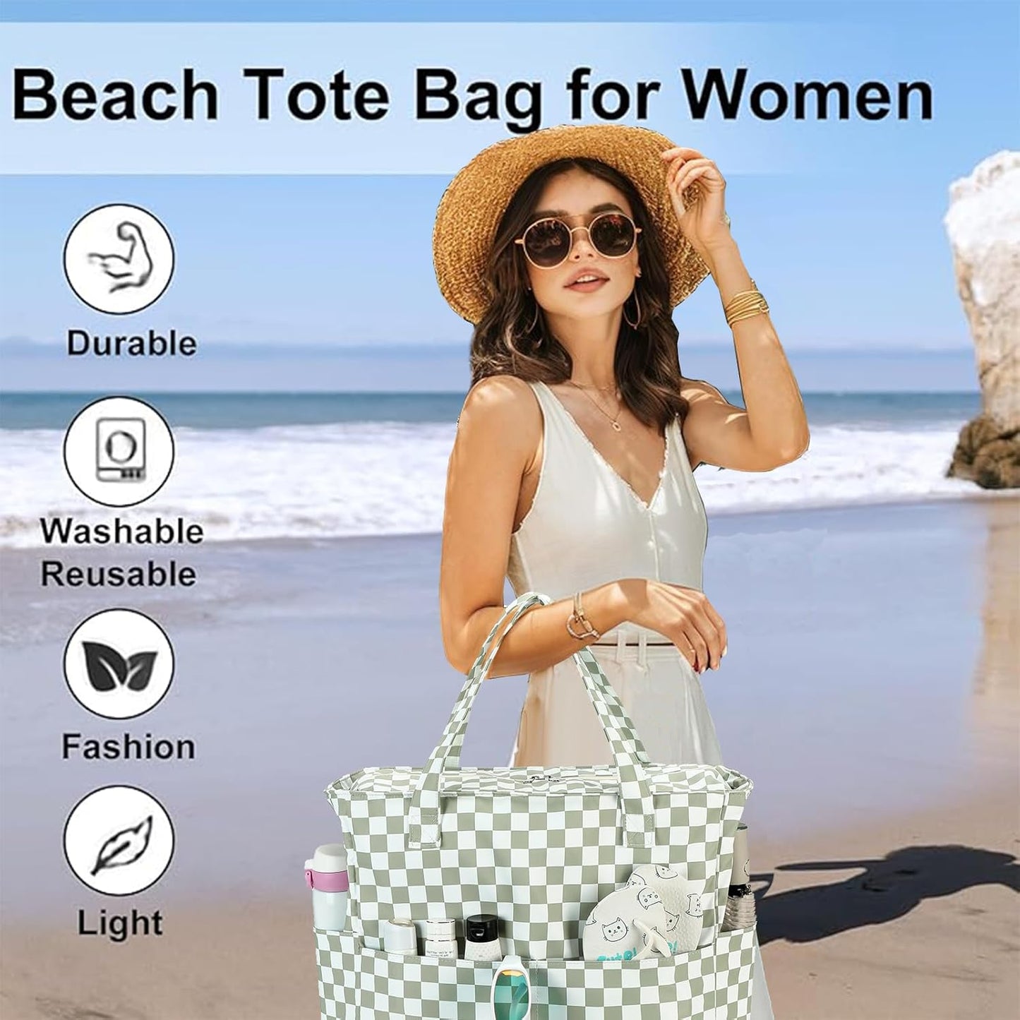 LEDAOU Large Beach Tote Bag Women Waterproof Sandproof Zipper Beach Tote Bag for Pool Gym Grocery Travel with Wet Pocket