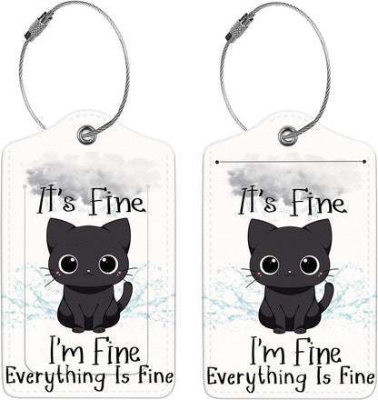 2 Pcs Luggage Tags for Suitcase, Cute Unique PU Leather Travel Bag Tag with Privacy Cover ID Label Address Card and Durable Metal Ring Suitable for Men Women Children Backpack,Cat Under A Dark Cloud