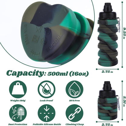 Collapsible Water Bottle for Adults, Boys, Students, Kids, Reusable Silicone Foldable Water Bottles for Travel Camping Hiking Sports,Leak-Proof Portable Sports Water Bottle (Camouflage & Green)