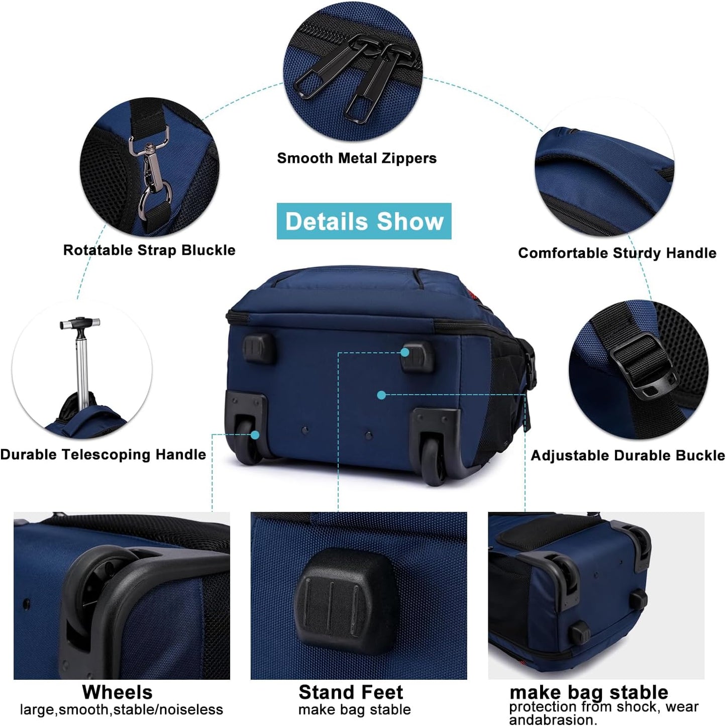 Rolling Backpack for Adults, 17inch Laptop Travel Backpack with Wheels Waterproof Roller Backpacks for Women Men Student Large College Business Suitcase Carry on Luggage Bag Wheeled Bookbag, Blue