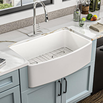 33 White Farm Sink - Fulorni 33"x20" Curved Apron Front Farmhouse Kitchen Sink Ceramic Porcelain Fireclay Single Bowl Farmer Style Basin