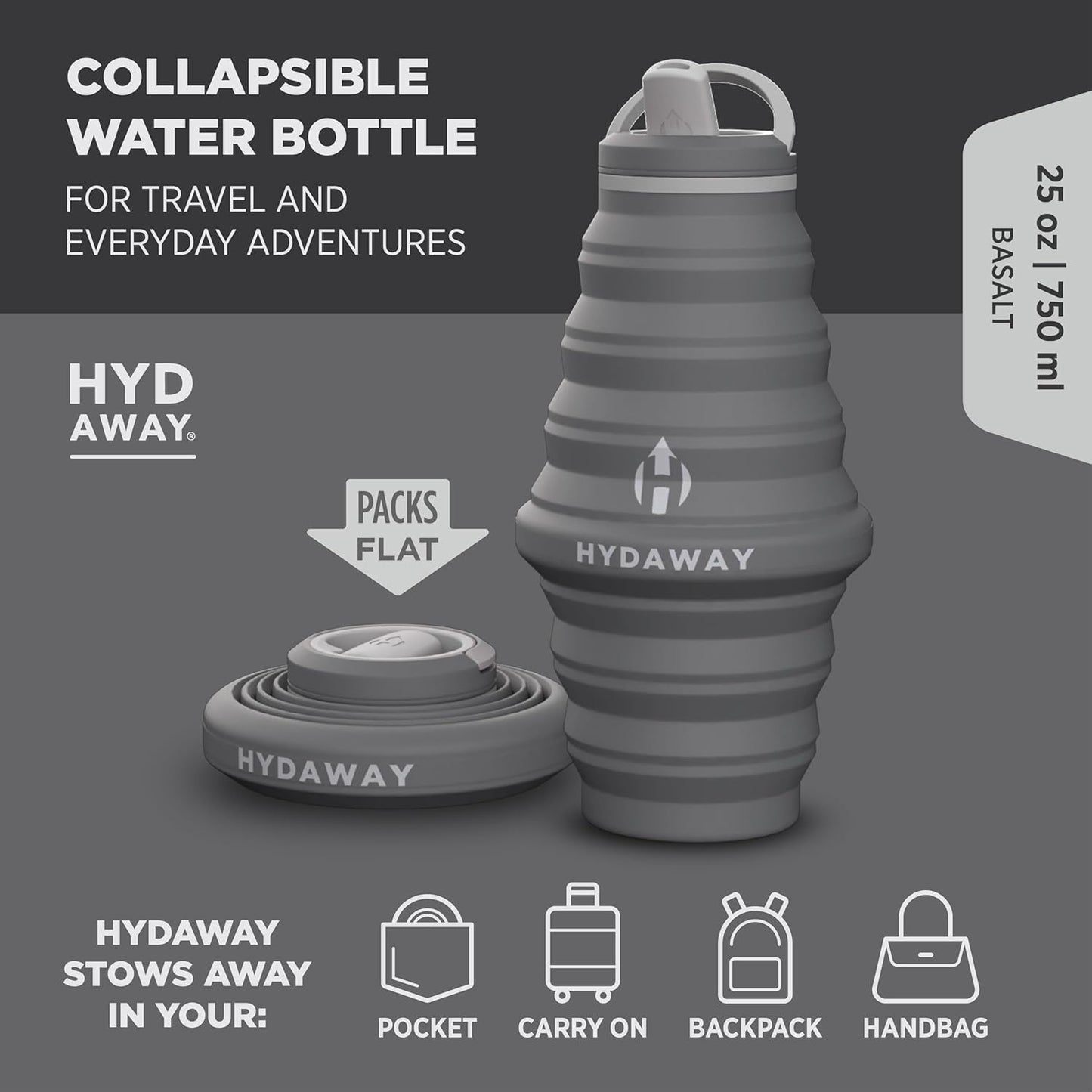HYDAWAY 25oz Collapsible Water Bottle - BPA-Free, Leakproof, Lightweight, and Space-Saving - Perfect for Hiking, Travel, and All-Day Hydration