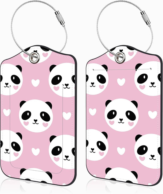 2 Pcs Cute Panda and Heart Luggage Tags for Suitcases PU Leather Baggage Tags Name ID Label with Privacy Cover and Stainless Steel Loop for Men Women Travel Bag Suitcase