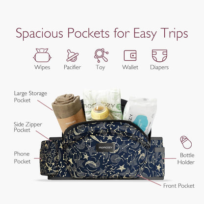 Momcozy Hip Seat Baby Carrier - Adjustable Waistband with Original 3D Belly Protector, Ergonomic Carrier with Various Pockets for Newborns & Toddlers up to 45lbs (Starry Sky, Medium)