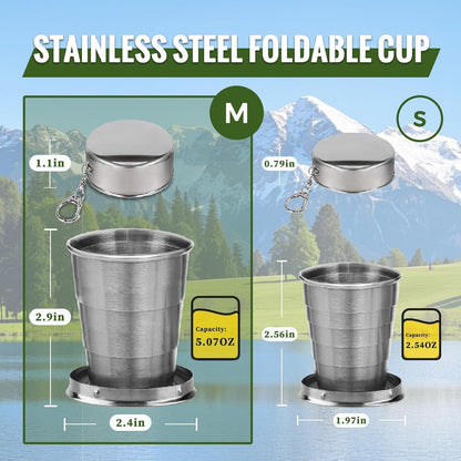 2 Pcs Stainless Steel Collapsible Cup, Foldable Cup with Lid and Keychain, Collapsible Cups for Traveling, Camping, Hiking, Biking and Daily Use (Middle)
