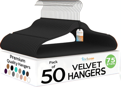 50 Pack New Premium Quality Velvet Hangers Ultra Thin Non Slip Adult Felt Space Saving Hangers for Closet Heavy Duty Coat Pants Jackets Dress Hangers 360° Swivel Hook Hold Upto 10 lbs Black