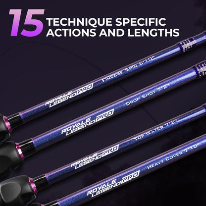 KastKing Royale Legend Pro Technique Bass Fishing Rods, KastFlex IM7 Graphite Blanks, Fuji FazLite Guides, SlipLock Technology Handles, PTS Power Transition System, Custom Foregrip and Hook Keeper