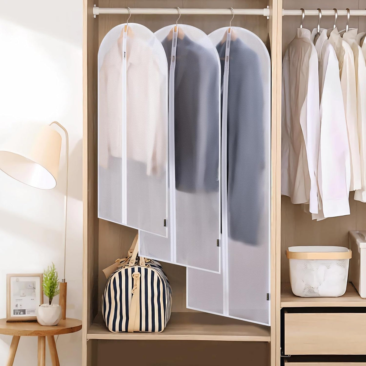 BALEINE 48'' Translucent Garment Bags, 12 Packs PEVA Dress Bag for Closet Clothes Dresses Suit Coats Storage (White, 12PK)