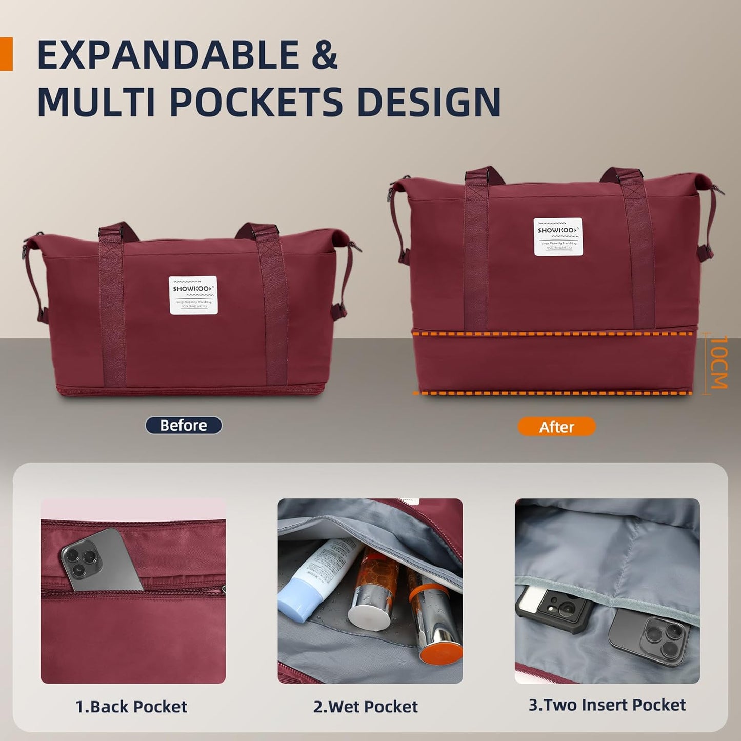 SHOWKOO Luggage Sets Expandable PC+ABS Durable Suitcase Double Wheels TSA Lock 5pcs Wine Red