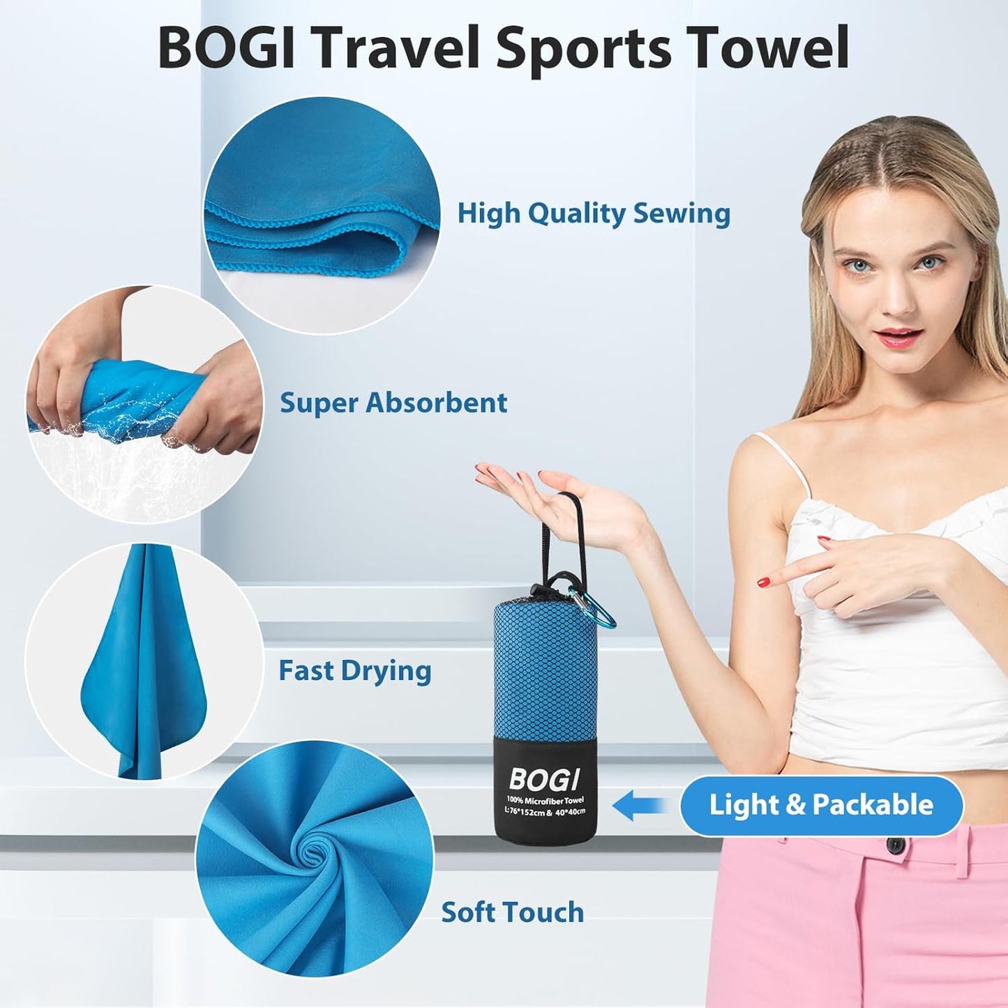 BOGI Microfiber Travel Sports Towel-Quick Dry Towel, Soft Lightweight Microfiber Camping Towel Absorbent Compact Travel Towel for Camping Gym Beach Bath Yoga Swimming Backpacking (M:40''x20''-Blue)
