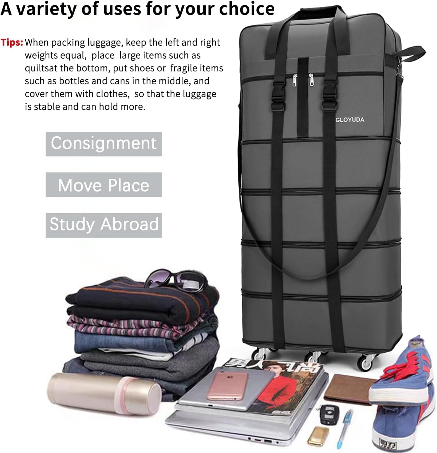 Expandable Foldable Luggage, 42'' Suitcase With Spinner Wheels, Rolling Duffle Bag with Wheels and Handle, Collapsible Luggage, With 2 Handle Wrap and 2 Fixing Straps, 1 Shoulder Strap (Grey)