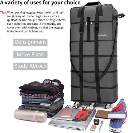 Expandable Foldable Luggage, 42'' Suitcase With Spinner Wheels, Rolling Duffle Bag with Wheels and Handle, Collapsible Luggage, With 2 Handle Wrap and 2 Fixing Straps, 1 Shoulder Strap (Grey)