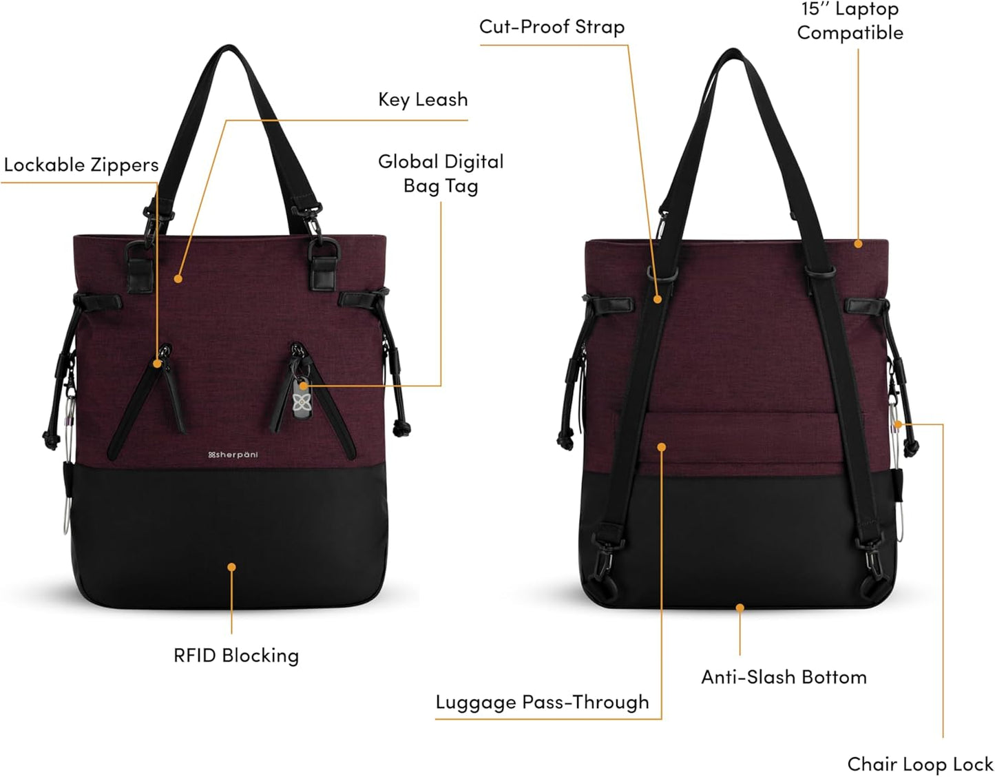 Sherpani Tempest, Anti-Theft Convertible Backpack, Teacher Tote Bag, Travel Backpack for Women, Fits 15 Inch Laptop (No Sleeve) (Merlot)