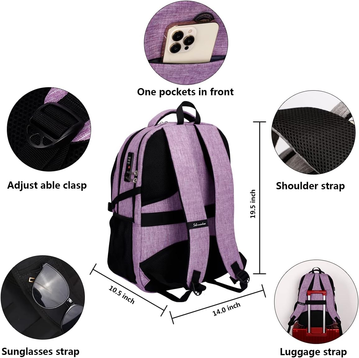 SHRRADOO Anti Theft Laptop Backpack Travel Backpacks with usb Charging Port for Women Men High School College Backpack Computer Bag Fits 17 Inch Laptop,Purple