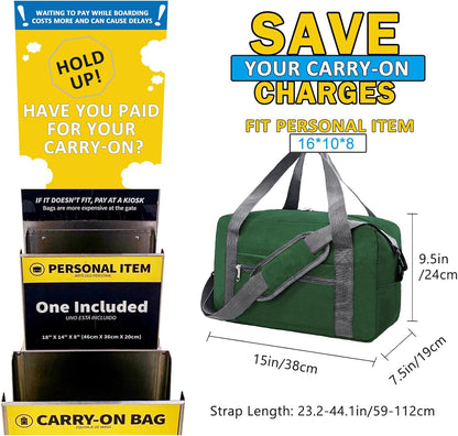15 Inch Small Carry On Bags for Airplanes Spirit Airlines Personal Item Bag Underseat Foldable Travel Duffle Gym Bags for Women Men(20L,Green)
