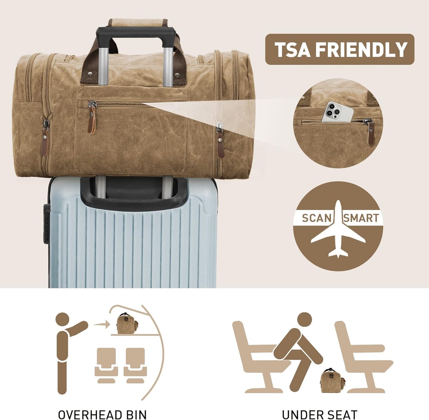 Wildroad Waxed Canvas Genuine Leather 50L Waterproof Duffle Bag - Vintage Travel Weekender Overnight Carry On