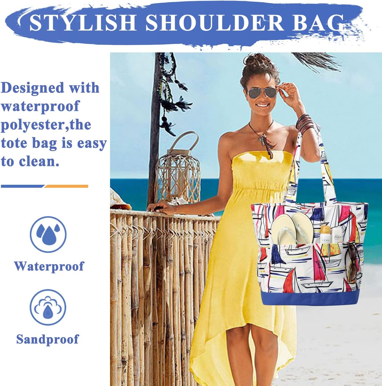 VASCHY Beach Bag for Women, Large Waterproof Sandproof Fold-able Packable Pool Tote Bag w Zipper/Pockets