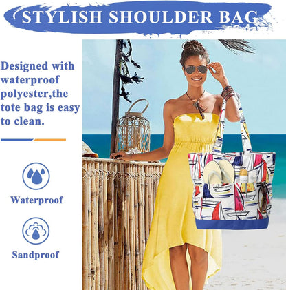 VASCHY Beach Bag for Women, Large Waterproof Sandproof Fold-able Packable Pool Tote Bag w Zipper/Pockets