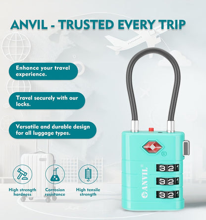 ANVIL TSA Approved Luggage Locks – High Security TSA008 Combination Travel Locks with Inspection Indicator for Suitcases and Backpacks. (4, Cyan)