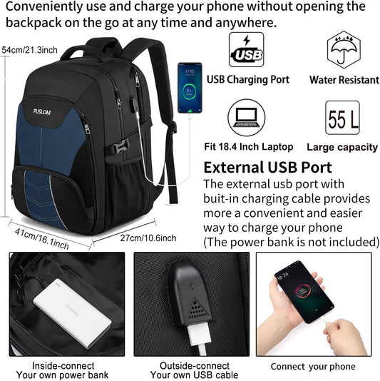 PUSLOM Extra Large Travel Laptop Backpack for Men 55L,Water Resistant 18.4 inch Big Business Laptop bags with USB Charging Port,TSA Friendly Anti Theft Computer Bag for Work College,Blue