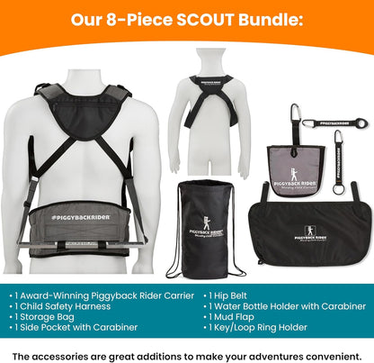 Piggyback SCOUT Toddler Carrier Backpack Deluxe - 6 Piece Set: Hip Belt, Carry Bag, Side Pocket, Mud Flap, Water Bottle & Selfie Stick Holders - For Ages 2-4 (Under 50 lbs) - Hiking & Travel