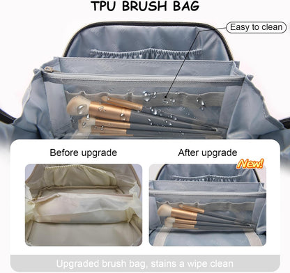 BOYATU Travel Makeup Bags for Women: Large Cosmetic Bag - Vegan Leather Make up Bags Set of 3 - Protable Toiletry Bag Compact Organizer with Compartments (L09 Beige)