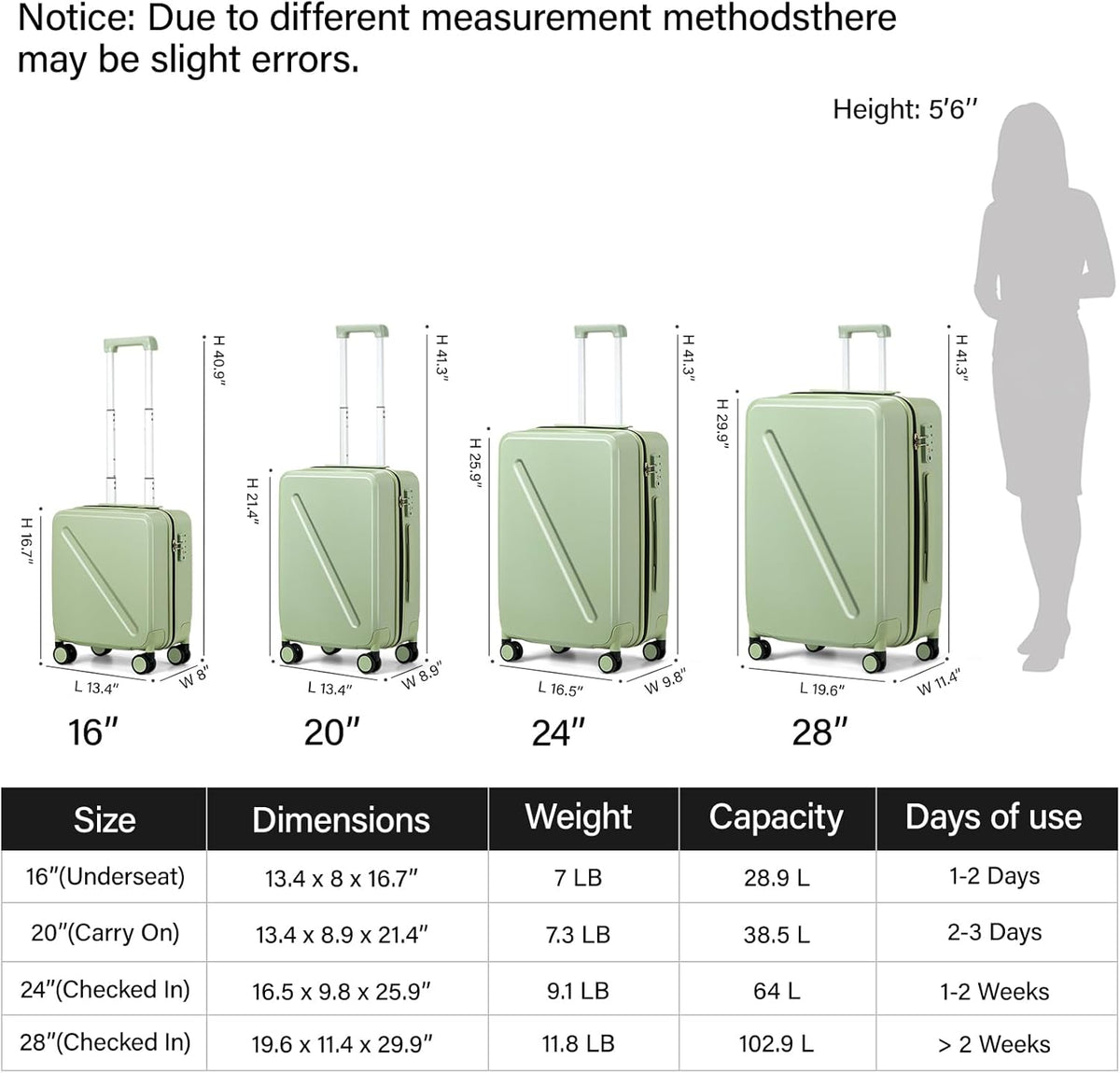 MILADA Underseat Carry On Luggage With Wheels 16 Inch Small Suitcase Underseat Carry On bag Mini Travel Luggage Personal Item Hard Case Luggage TSA Approved Luggage,Bamboo Green