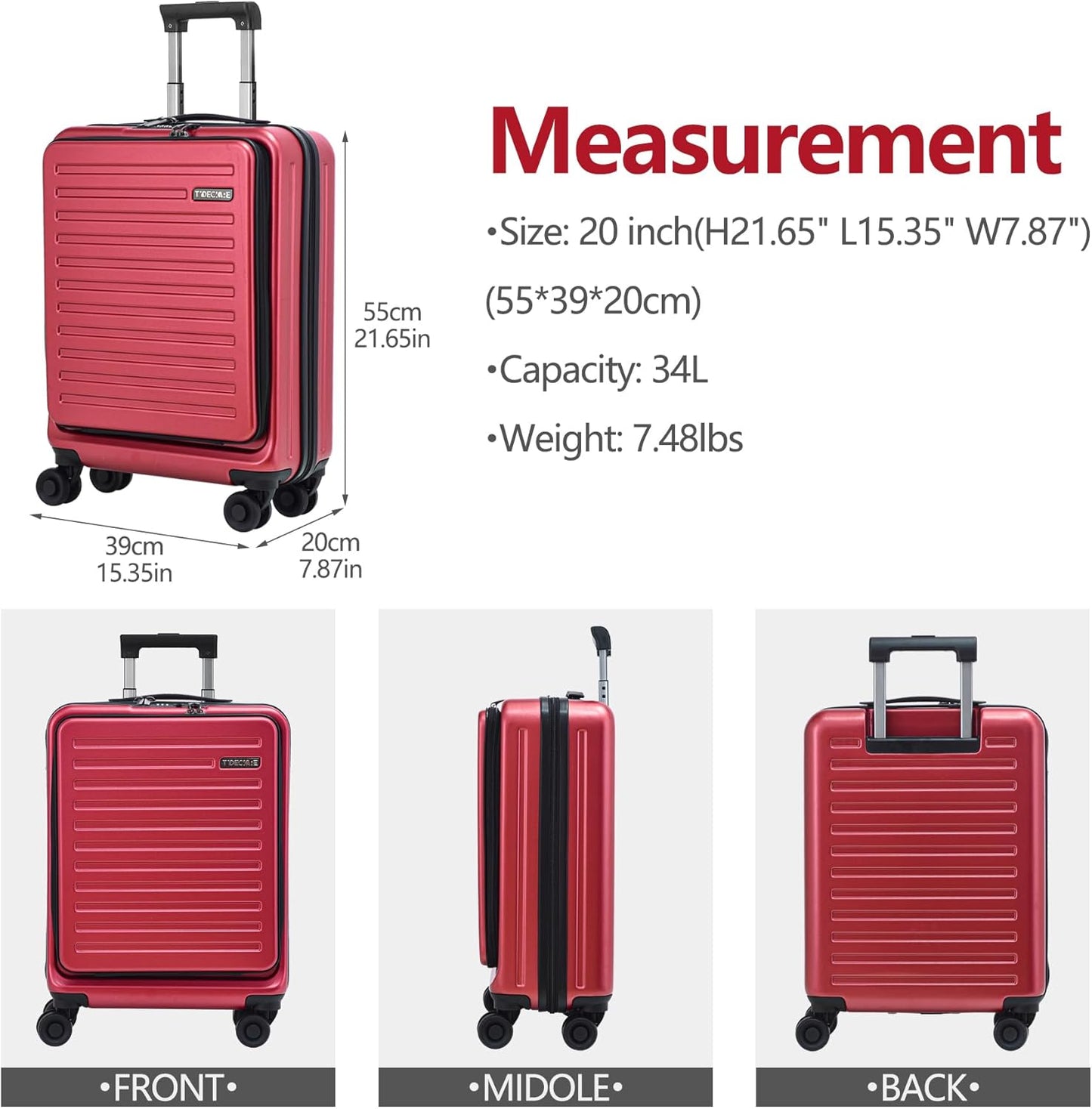 TydeCkare 20 Inch Carry On Luggage with Front Pocket, 21.65 * 15.35 * 7.87" Suitable for Airplane Overhead Bin, 34L PC+ABS Hardshell, Wine Red