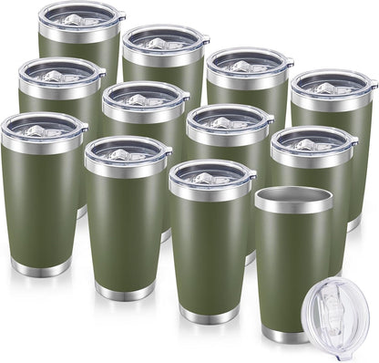 20 oz Tumblers Bulk Stainless Steel Tumbler with Lid Double Wall Vacuum Insulated Coffee Mug 20oz Powder Coated Cup for Hot and Cold Drinks, Army Green, 12 pack