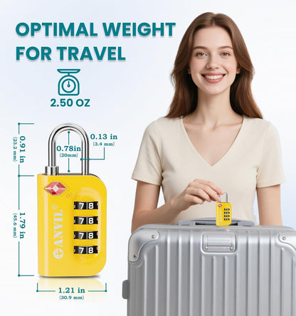 ANVIL TSA Approved Luggage Lock - 4 Digit Combination, 10,000 Combinations, Easy-Read Password Window, Travel Lock for Suitcases, Backpacks, Gym & Student Lockers, Baggage