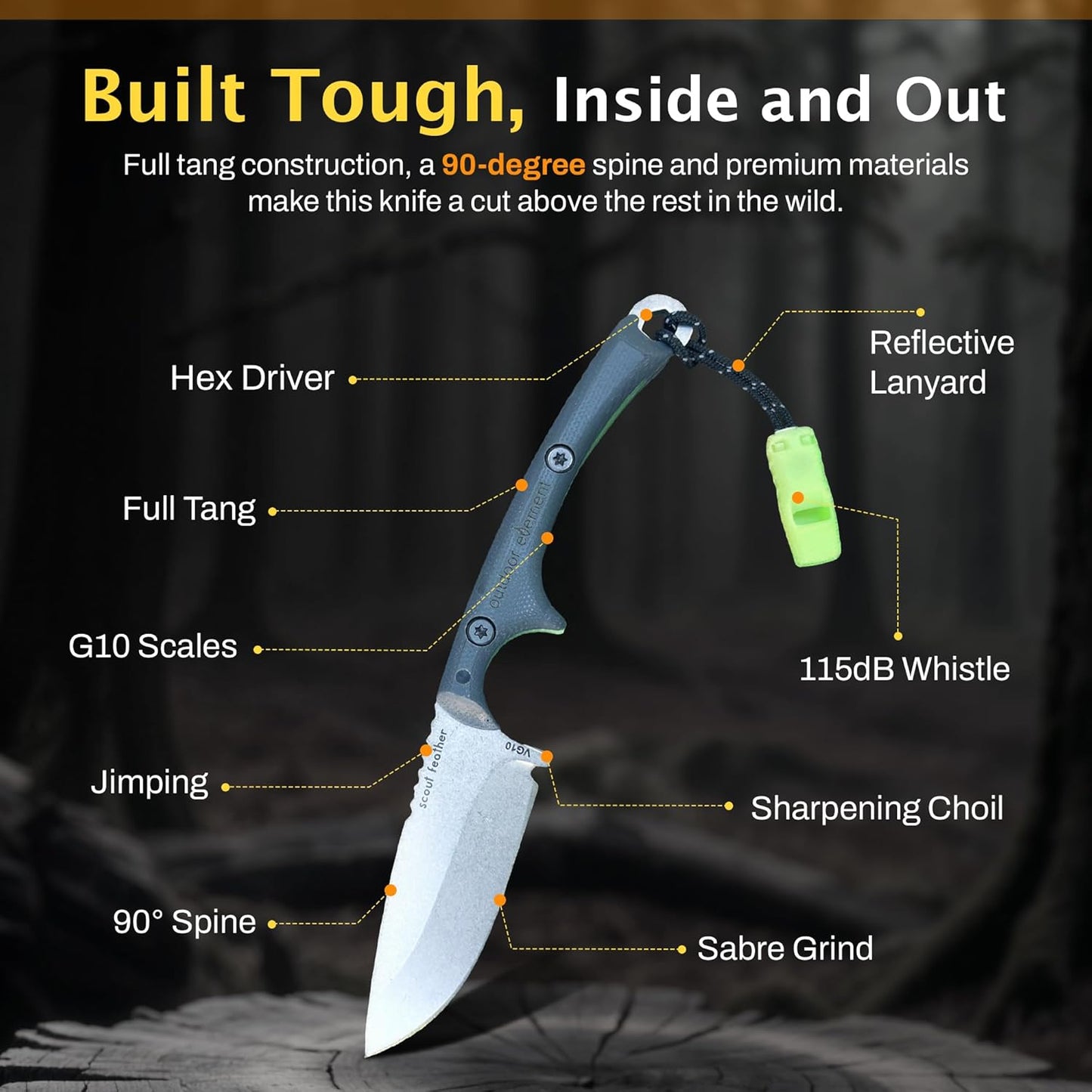 Scout Feather Glow - Fixed Blade Survival Knife with built-in Firestarter for Camping, Hunting, Outdoor Adventure and Culinary Need - VG10 Blade, Whistle, Knife Sharpener, Compact Sheath & G10 Handle