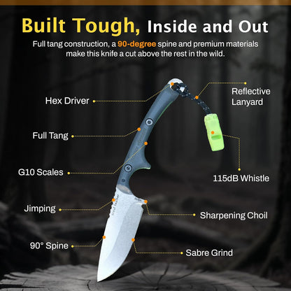 Scout Feather Glow - Fixed Blade Survival Knife with built-in Firestarter for Camping, Hunting, Outdoor Adventure and Culinary Need - VG10 Blade, Whistle, Knife Sharpener, Compact Sheath & G10 Handle