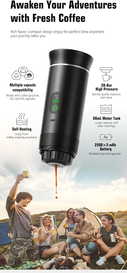 Portable Electric Coffee Maker, Digital Display, Compatible with Coffee Pods,Rechargeable Coffee Machine for Travel, Camping, RV,Home,Office (white)