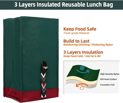 SUNNY BIRD Insulated Lunch Bag Rolltop Lunch Box Tote Bag for Women, Men, Adults and Teens (Green with Boho strap)
