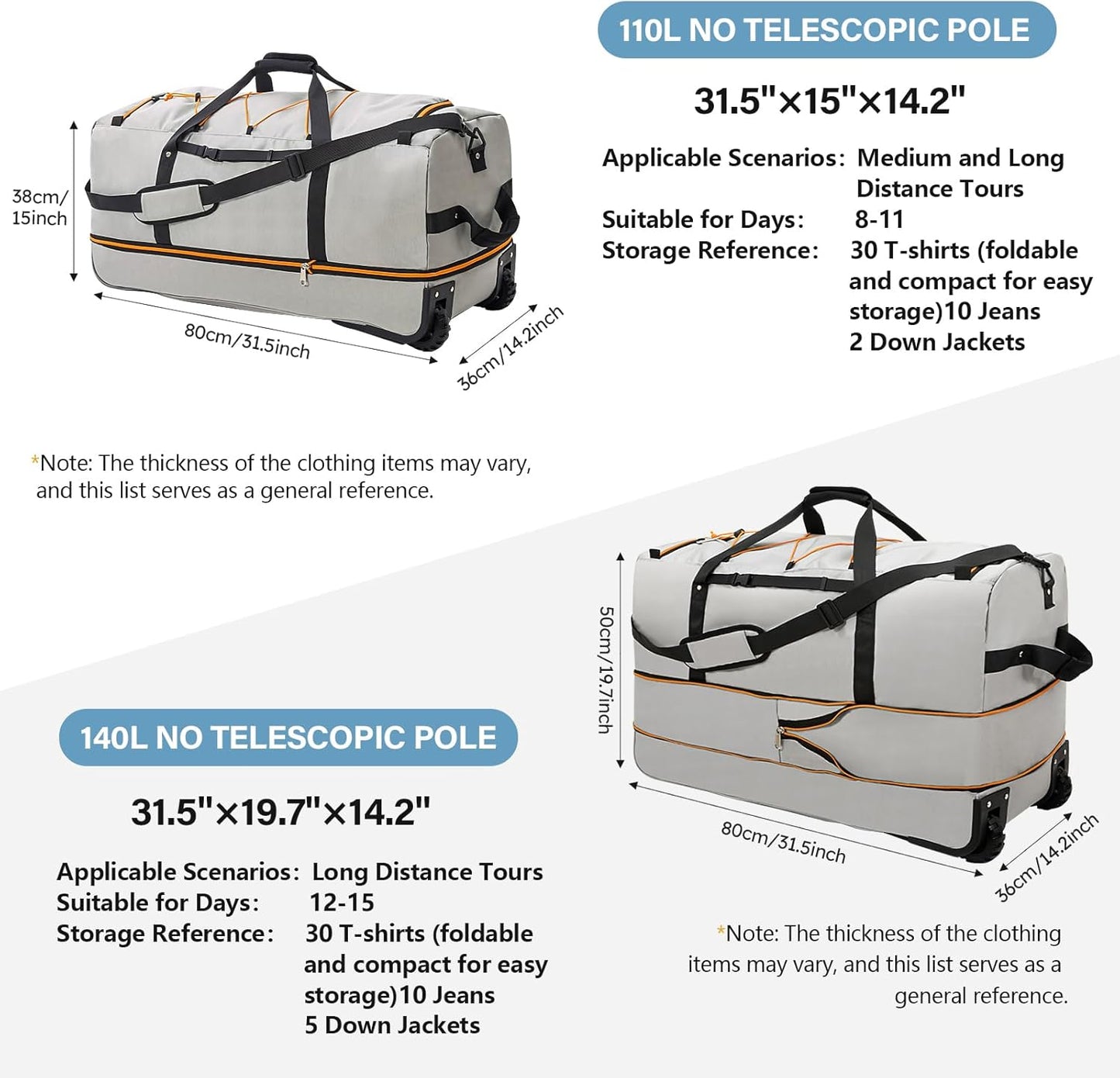 Rolling Duffle Bag with Wheels,110L/140L Expandable Soft-Sided Foldable Duffle Bag with 2 Rubber Wheels,Packable 32” Rolling Carry-On with Multi-Pockets & Compartments (Grey)