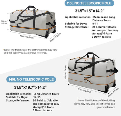 Rolling Duffle Bag with Wheels,110L/140L Expandable Soft-Sided Foldable Duffle Bag with 2 Rubber Wheels,Packable 32” Rolling Carry-On with Multi-Pockets & Compartments (Grey)