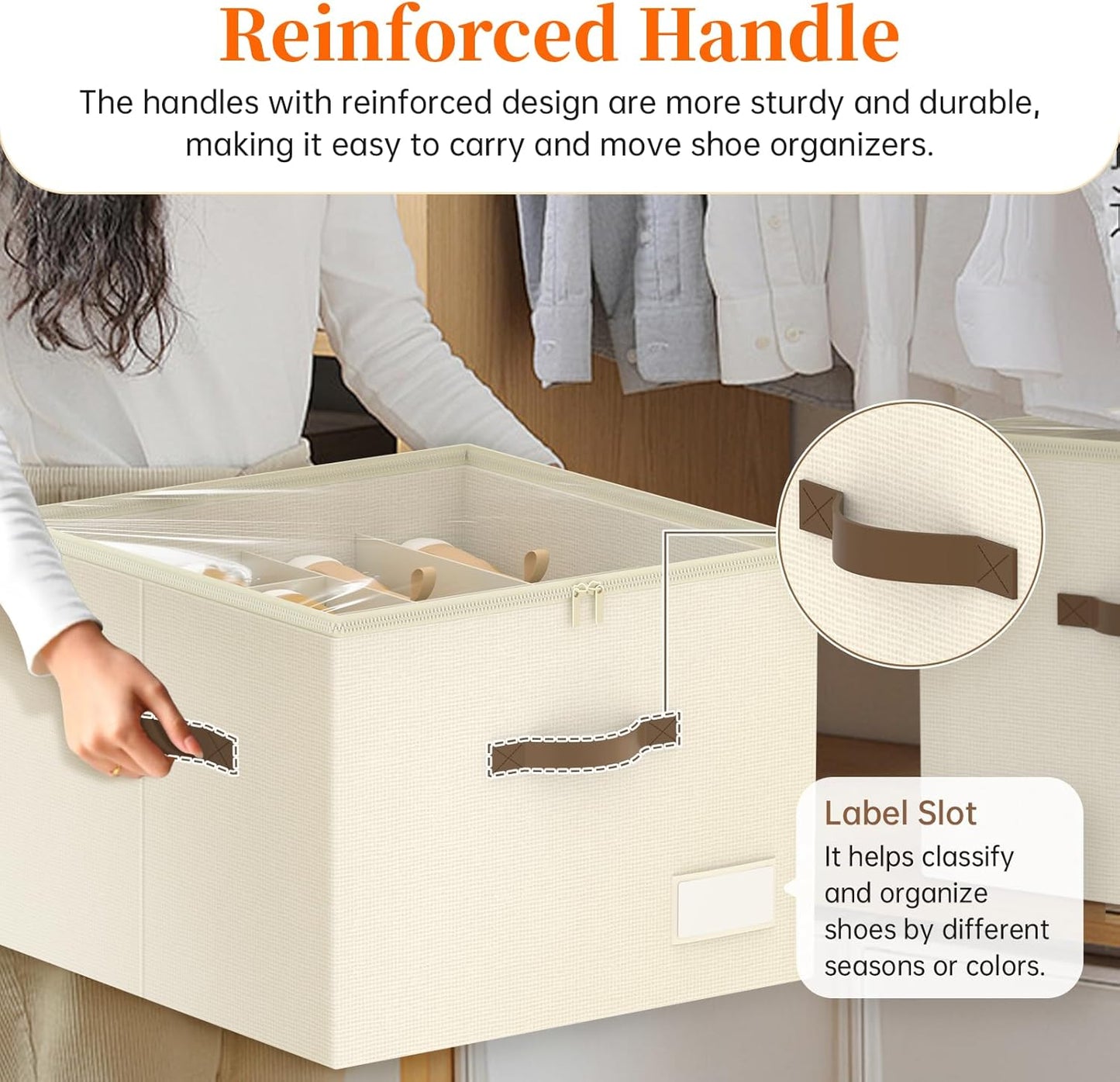 3 Pack Shoe Organizer for Closet, Foldable Shoe Storage Containers, Fits 24-48 Pairs, Shoe Storage Organizer Box Cubby Baskets Bins with Clear Cover and Reinforced Handles, Beige